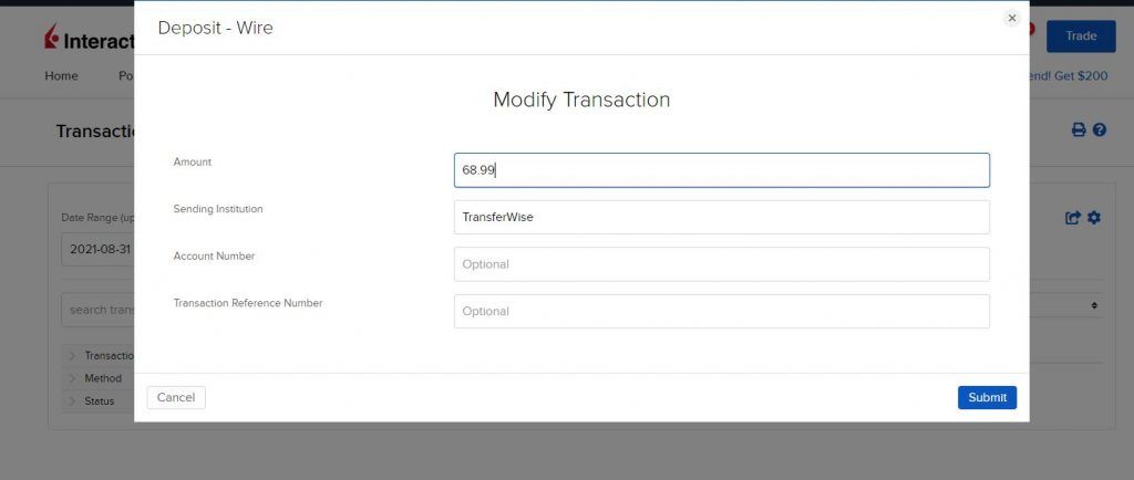 Modify Deposit Notification Amount within Interactive Brokers Transaction History